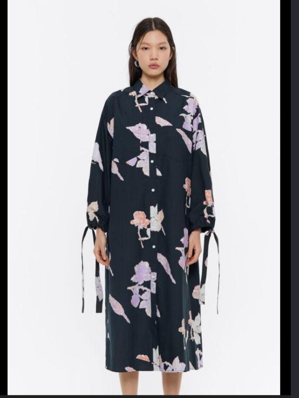 Black Floral Button-Front Midi Dress with Pink and Cream Blooms